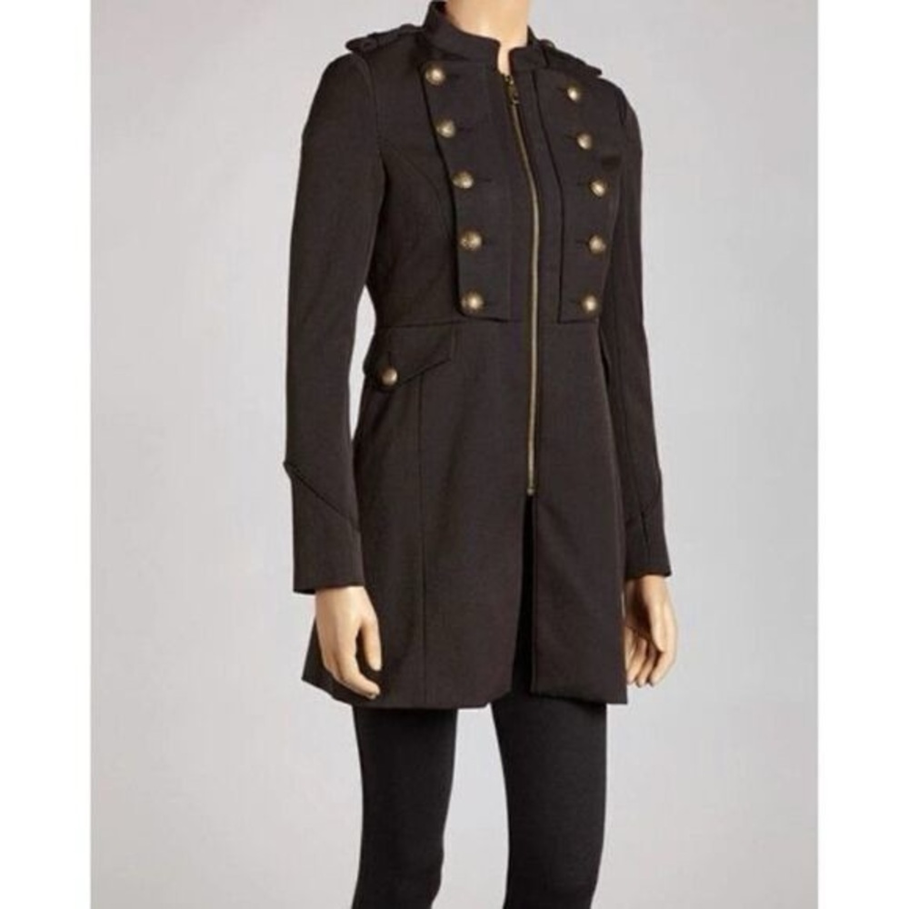 Steve Madden Black Military-Inspired Trench Coat with Gold Buttons